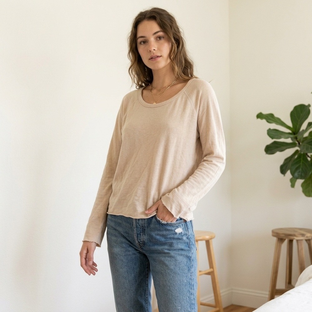 James Perse Womens Sweatshirt 3 Large Beige Raglan Raw Hem Minimalist Terry